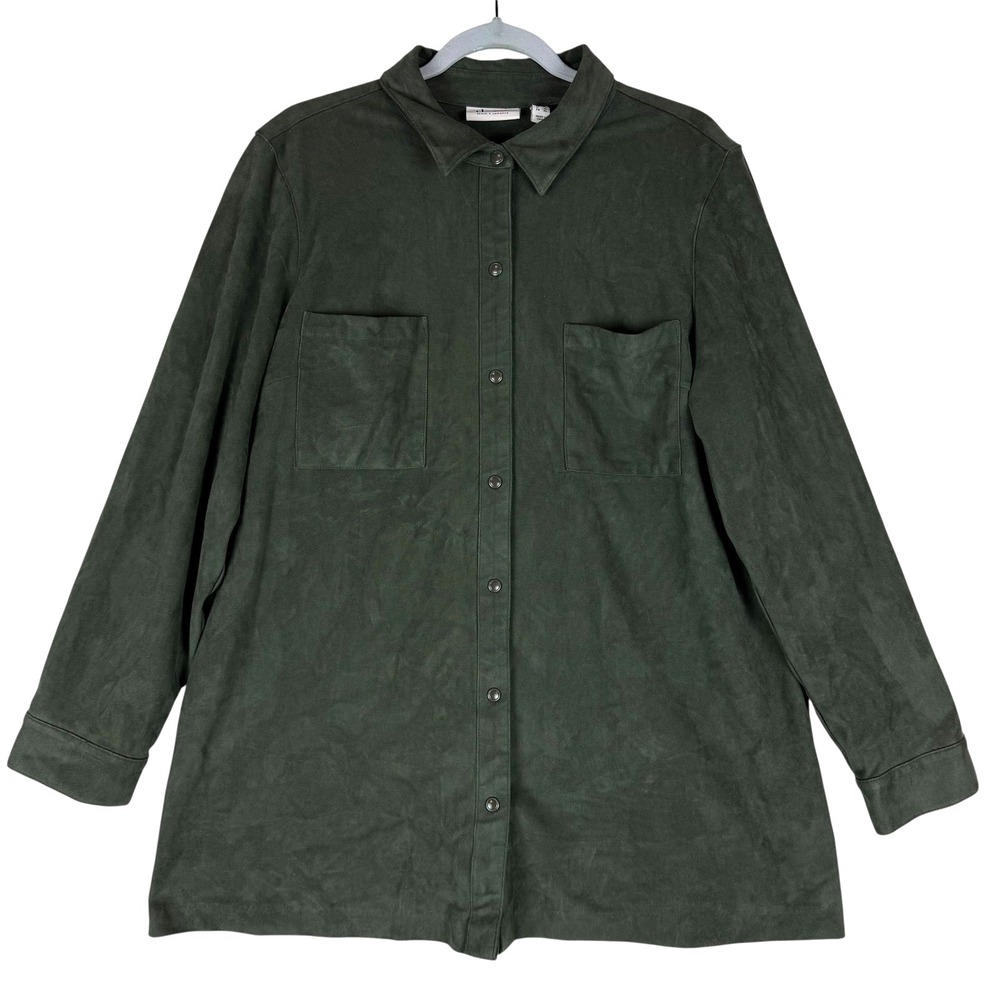 D&Co. Shirt Womens‎ Large Olive Green Stretch Suede Pockets Pearl Snap Outdoor